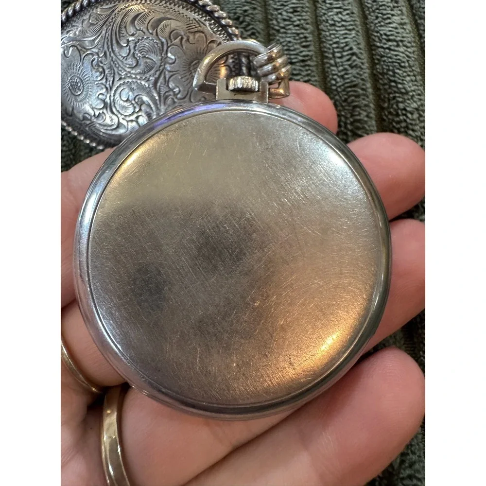 Regency Vintage Orange‎ Dial Pocket Watch Charm Bracelet Ornate Silver Tone Oval